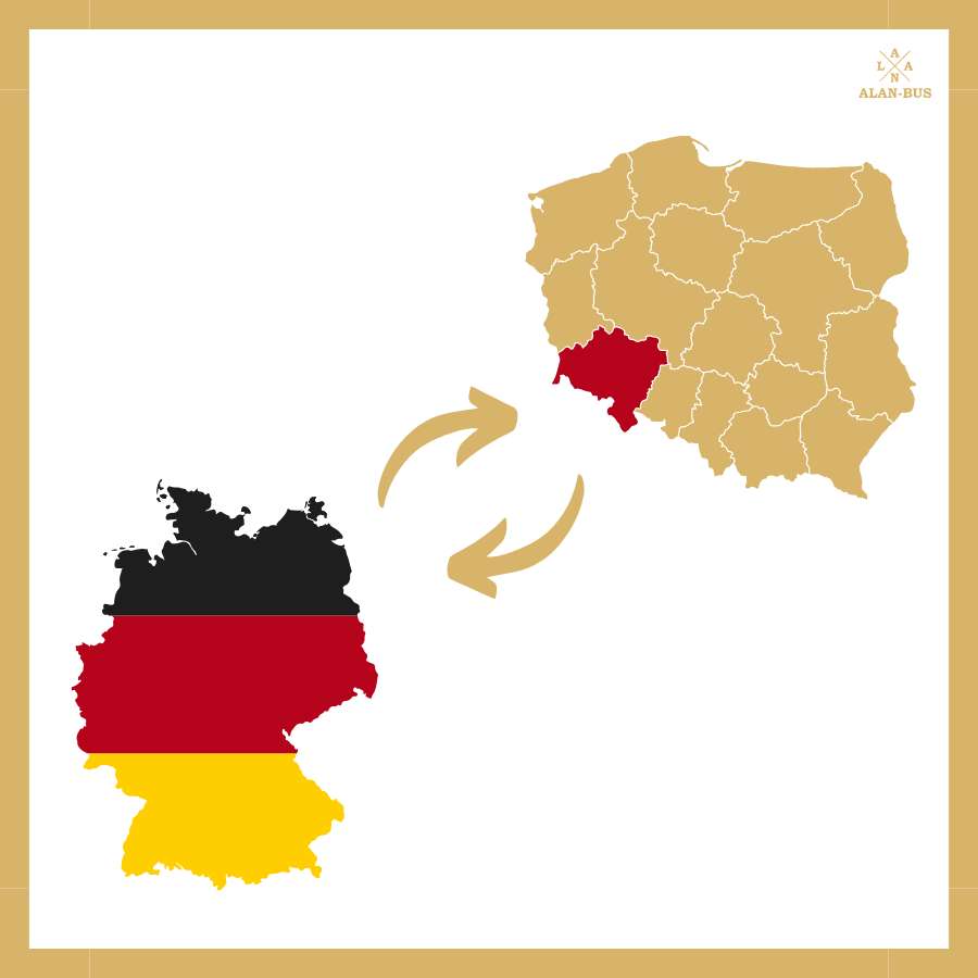 Grafika przedstawiająca kierunek przewozów ALAN-BUS z województwa dolnośląskiego w Polsce do Niemiec i z powrotem, symbolizowana przez strzałki między mapami obu krajów
