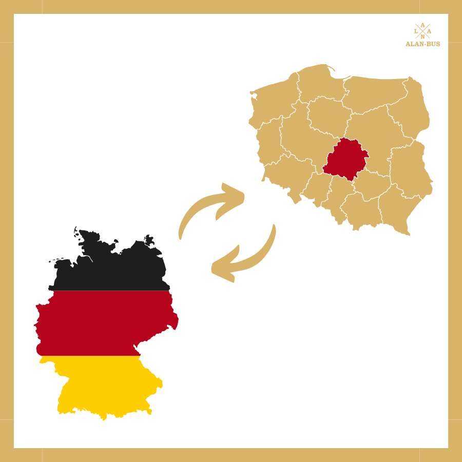Grafika przedstawiająca kierunek przewozów ALAN-BUS z województwa łódzkiego w Polsce do Niemiec i z powrotem, symbolizowana przez strzałki między mapami obu krajów
