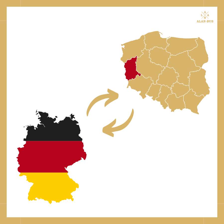 Grafika przedstawiająca kierunek przewozów ALAN-BUS z województwa lubuskiego w Polsce do Niemiec i z powrotem, symbolizowana przez strzałki między mapami obu krajów