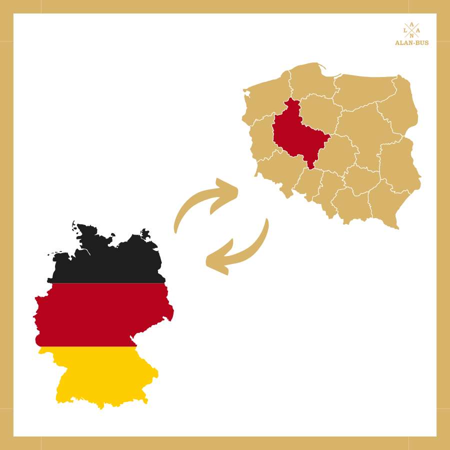 Grafika przedstawiająca kierunek przewozów ALAN-BUS z województwa wielkopolskiego w Polsce do Niemiec i z powrotem, symbolizowana przez strzałki między mapami obu krajów