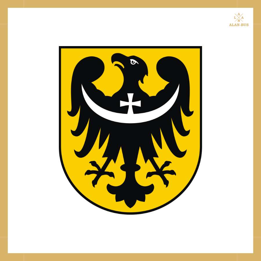 Herb województwa dolnośląskiego z czarnym orłem na żółtym tle i srebrnym półksiężycem z krzyżem – symbol regionu, z którego ALAN-BUS realizuje przewozy do Niemiec, Holandii i Belgii