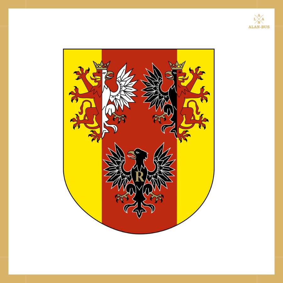 Herb województwa łódzkiego przedstawiający białego orła i dwie złote gwiazdy na czerwono-zielonym tle – symbol regionu, z którego ALAN-BUS realizuje międzynarodowe przewozy do Niemiec, Holandii i Belgii