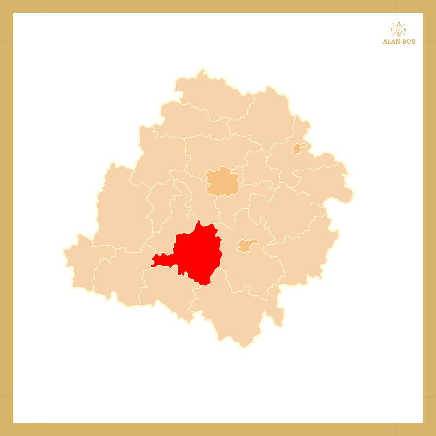Mapa województwa łódzkiego z wyróżnionym powiatem bełchatowskim – obszar obsługi przewozów Alan-Bus